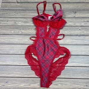victorias secret womens small lingerie red plaid lace underwire bow
